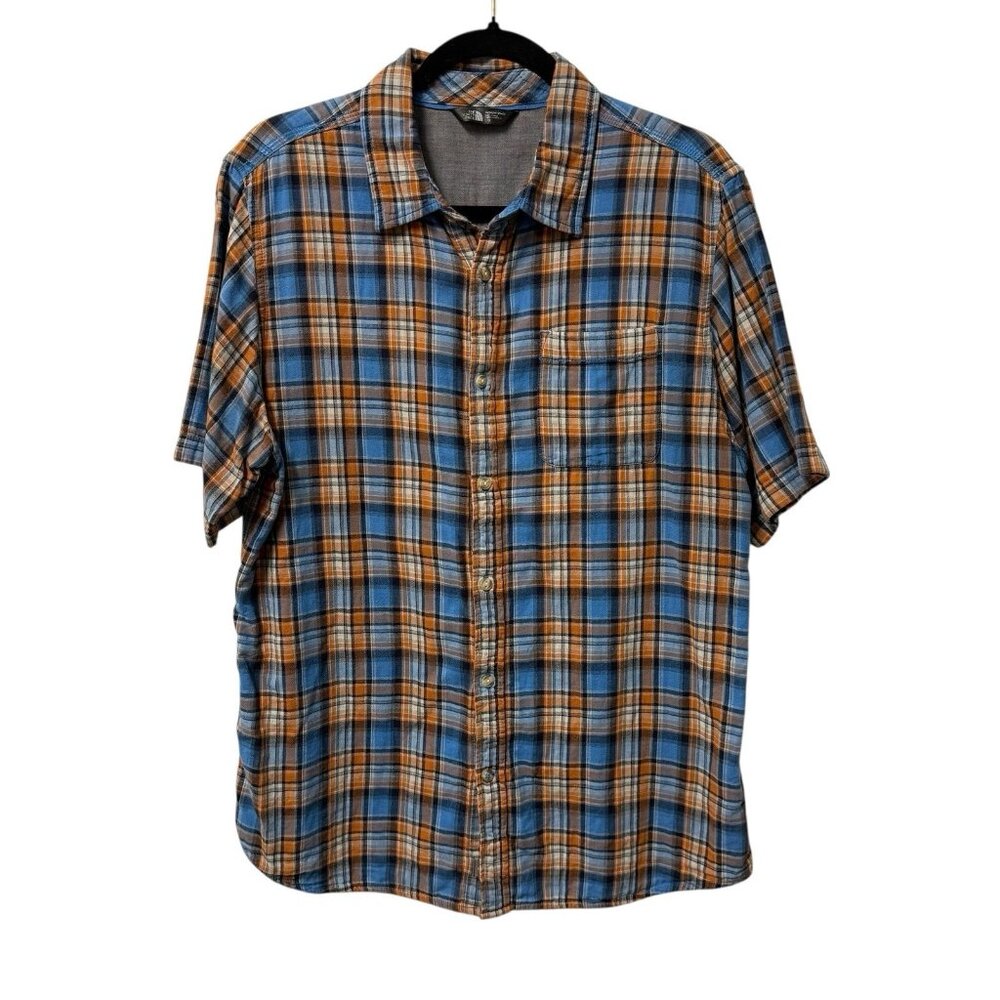 THE NORTH FACE BUTTON UP SHIRT PLAID BLUE ORANGE MENS L COTTON CAMP HIKING